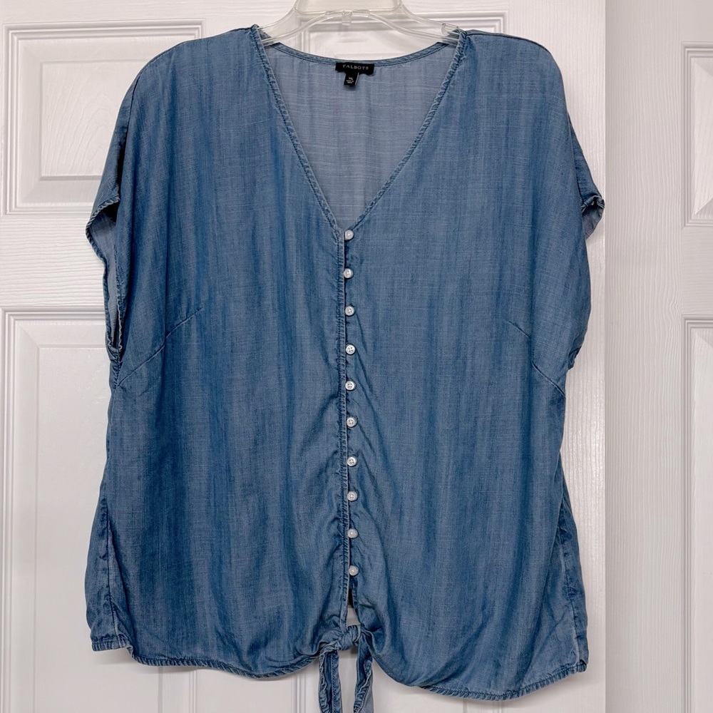 Talbots Tie Front Button Front Chambray Sleeveless Loose Fit Top Sz XL